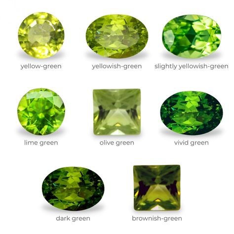 Peridot Properties and Characteristics | Diamond Buzz Brownish Green, Citrus Wedding, Peridot Color, Yellowish Green, Gemstone Properties, Peridot Jewelry, Artificial Light, Birthstone Colors, Peridot Stone