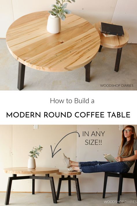 Round Coffee Table Plans, Round Table Diy How To Make, Round Wood Coffee Table Diy, Diy Round Wood Coffee Table, Modern Outdoor Coffee Table, Diy Coffee Table Round, Two Round Coffee Tables, Diy Wood Coffee Table, Diy Modern Coffee Table