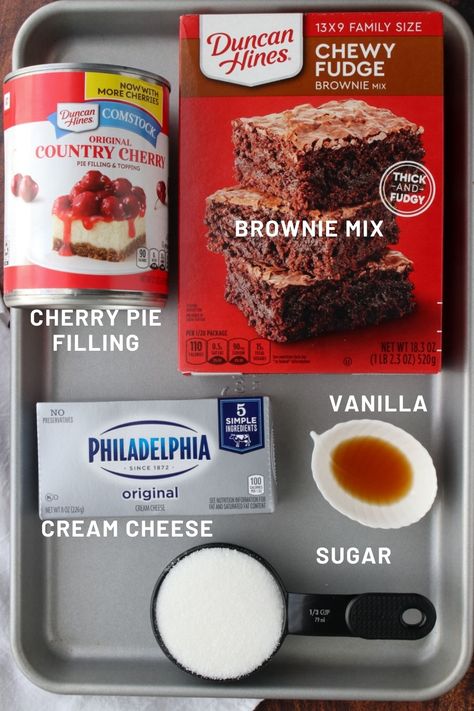 Brownie Cherry Cheesecake, Cherry Cheesecake Brownies Easy, Brownie Recipes With Boxed Brownies, Cherry Pie Brownies, Brownies And Cherry Pie Filling, Recipes With Canned Cherries, Boxed Brownie Mix Recipes Ideas, Desserts Made With Brownie Mix Boxes, Strawberry Cream Cheese Brownies