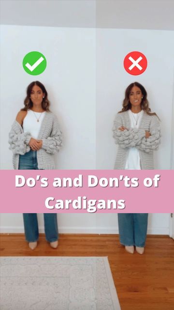 Style Tips | Amazon Fashion on Instagram: "✨The Do’s and Don’ts of Cardigans. Follow for more. Comment for links, DM me, or find everything linked in my profile. ✨These are suggestions. Of course, wear what makes you feel good and confident. #cardigan #cardigans #stylist #fallfashiontips #falltime #oversizedsweater #oversizedcardigan #stylish #stylingtips" Kimono Sweaters & Cardigans, Cardigan Fall Outfit Aesthetic, Grey And White Cardigan Outfit, Cute Ways To Wear A Cardigan, Styles With Cardigans, Tshirt With Cardigan Outfit Graphic Tees, Woman’s Cardigan, How To Style Big Cardigans, Cardigan Length Guide