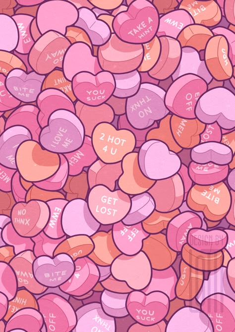 Day Wallpaper Aesthetic, Valentine Wallpapers, Candy Background, Candy Drawing, Sweetheart Candy, Valentines Wallpaper Iphone, Pink Drawing, Valentine Candy Hearts, Candy Poster