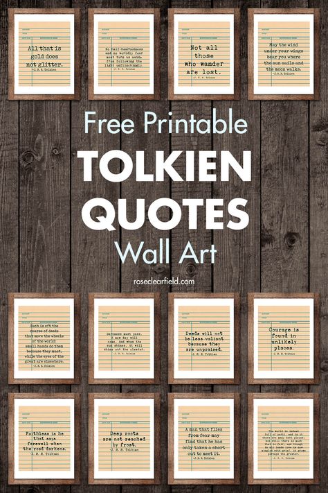 A set of 12 FREE printable Tolkien quotes! Easy wall art for a home, classroom, library, or office, on any budget. #Tolkien #quotes #wallart Vintage Inspirational Quotes, Printable Book Quotes Free, Free Decor Printables, Free Printable Wall Art Quotes Decor, Book Quotes Printables, Printable Reading Quotes, Yellow Library, The Great Gatsby Quotes, Great Gatsby Quotes