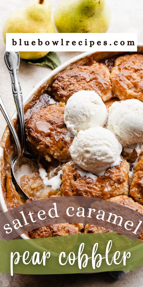 This Salted Caramel Pear Cobbler is made with fresh spiced pears, luscious homemade salted caramel sauce, and flaky, buttery biscuits. It's an easy dessert but it's still impressive enough to serve for a special occasion! #pearcobbler #pearrecipes #pear #saltedcaramel #fallbaking #falldesserts #dessertrecipes #cobbler #thanksgivingrecipes #christmasrecipes #christmasdessert #bluebowlrecipes | bluebowlrecipes.com Spiced Pears, Pear Cobbler, Homemade Salted Caramel, Caramel Pears, Pear Dessert, Impressive Desserts, Spiced Pear, Buttery Biscuits, Pear Recipes