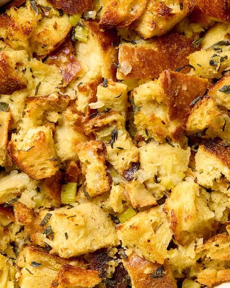 Classic Sage Dressing Recipe (Sage Stuffing) | The Kitchn Best Sage Dressing Recipe, Sage Bread Dressing Recipes, Sage Dressing Recipes Thanksgiving, Homemade Sage Dressing, Classic Dressing Recipes Thanksgiving, Sage Dressing Recipes Homemade Stuffing, Bread Dressing Recipes Thanksgiving Homemade Stuffing, Sage Stuffing Recipes Thanksgiving, Sage And Onion Stuffing Recipe