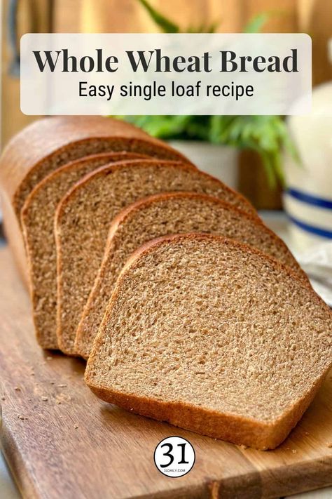 This 100% whole wheat bread recipe is a simple way to make a single loaf of nourishing, delicious, homemade bread. Whether you're a first-time bread maker or a seasoned baker, you will fall in love with this soft and tender sandwich bread recipe. Whole Wheat Bread Maker Recipes Easy, Whole Grain Sandwich Bread Recipe, Light And Fluffy Whole Wheat Bread, Homemade Sandwich Bread Wheat, Integral Bread Recipes, Fall Bread Maker Recipes, Diy Wheat Bread, Recipe For Homemade Bread, Whole Wheat Loaf Bread Recipe