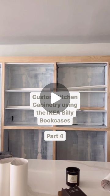 DIY Home Reno | Brooke Rose on Instagram: "Custom Kitchen Cabinetry using the IKEA Billy Bookcases Part 4!  Many of you have been asking & it’s finally here. The key to making any IKEA or basic cabinetry look custom is all in the details. I’ve been adding additional wood & trim to these bookcases and really thinking how I can maximize this space.  Like all projects, your plan evolves as you go and this one is no different. Originally I was just going to put doors on all of the cabinets but then decided I would keep the two center cabinets open and build my own plate racks to really maximize the use of this space. A previous comment was made asking if these would even be able to house plates because they are on the shallower side and now, there will be zero issues housing any plate you (or Billy Bookcase Kitchen Cabinets, Build Your Own Kitchen Cabinets Diy, Adding Trim To Ikea Cabinets, Adding Trim To Billy Bookcase, Billy Bookcase Pantry Hacks, How To Add Doors To A Bookcase, Billy Bookcase Kitchen, Adding Doors To Bookcase, Ikea Billy Kitchen