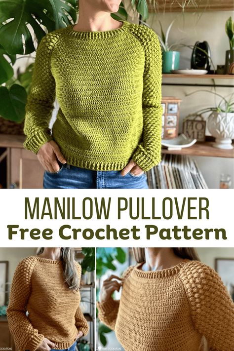 Meet the Manilow Pullover, a super chic free sweater crochet pattern ranging in five sizes: SMALL to 2XL.  Grab your hooks and let's make one! Phoenix Crochet, Crochet Retro, Crochet Jackets, Crochet Pullover Pattern, Fall Crochet, Winter Crochet, Crochet Sweater Pattern Free, 9 September, Crochet Sweaters