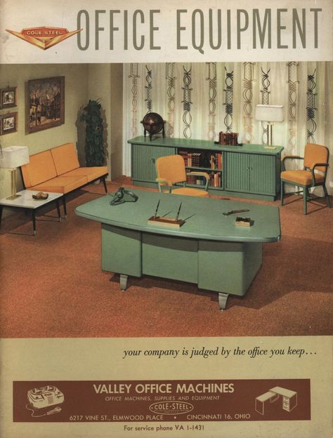 Cole Steel Office Furniture, 1959. From the Association for Preservation Technology (APT) - Building Technology Heritage Library, an online archive of period architectural trade catalogs. Select an era or material era and become an architectural time traveler. 50s Office, 1950s Office, Vintage Office Furniture, Retro Office Decor, Tanker Desk, Lighting Office, Mid Century Office, Steel Desk, Retro Office