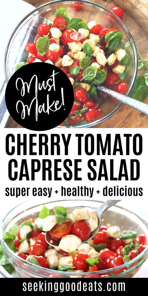 Cherry Tomato Caprese Salad - only 5 minutes of prep a few simple ingredients! Fresh cherry tomatoes, mozzarella, and basil are tossed with a tangy vinegar dressing. This caprese salad cherry tomatoes is the perfect summer salad for your next potluck, backyard bbq, or cookout! Chopped caprese salad is a low carb & keto salad! Tomatoe Salad With Basil, Cherry Tomato Mozzarella Salad, Salads With Cherry Tomatoes, Cherry Tomato Caprese Salad, Caprese Salad Cherry Tomatoes, Caprese Salad Dressing, Best Caprese Salad, Mozzarella Tomato Basil, Tomato Caprese Salad