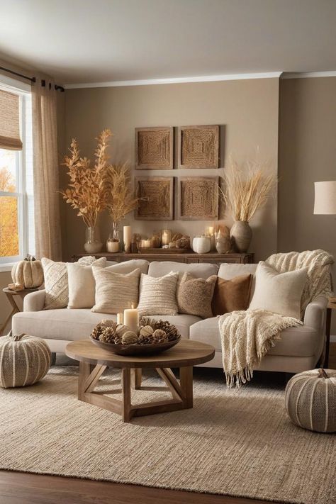 Light And Neutral Living Room, White And Caramel Living Room, Cream And Natural Wood Living Room, Neutral Wooden Living Room, Clay Color Living Room, Beige Living Room Ideas Cozy, Earthy Tone Decor, Beige Wood Furniture, Orange And Neutral Living Room