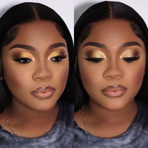 Make Up With Gold Eyeshadow, Yellow Soft Glam Makeup Black Women, Cute Makeup Pictures, Brown And Gold Eyeshadow Black Women, Birthday Shoot Makeup Looks, Soft Glam Makeup Black Women Dark Skin Gold, Brown And Gold Makeup Looks Black Women, Bridal Makeup Eyeshadow, Black And Gold Makeup Looks Black Women