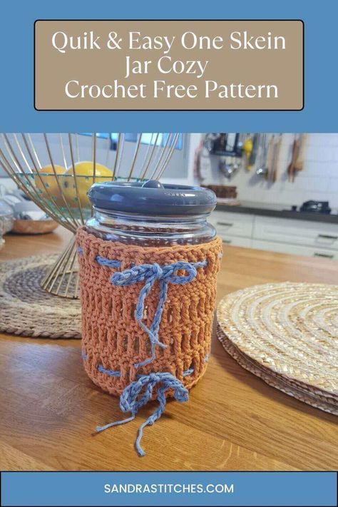 crochet jar cozy free pattern Unique Crochet Blanket, Crochet Blanket Sizes, Crochet Dish Cloth Free Pattern, Crochet Washcloth Pattern, One Skein Crochet, Cozy Pattern, Crochet Table Runner Pattern, Crochet Pillow Cover, Dishcloth Crochet Pattern