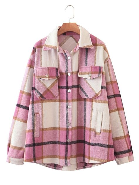 Free Returns ✓ Free Shipping On Orders $49+ ✓. Plaid Flap Pocket Overshirt- Women Overcoats at SHEIN. Overshirt Women, Plaid Shacket, Women Overcoat, Pink Plaid, Street Style Looks, Look Casual, Women's Coats & Jackets, Step Up, Fashion Games