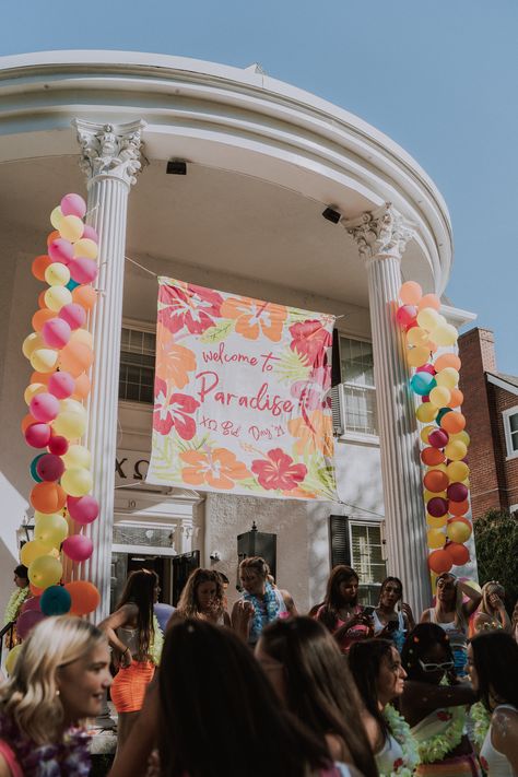 Tropical Sorority Banner, Beach Club Bid Day, Sorority Bid Day Balloons, Philanthropy Week Themes, Tropical Bid Day Theme, Tropical Sorority Theme, Beach Theme Bid Day, Dphie Bid Day, Welcome To Paradise Bid Day Theme