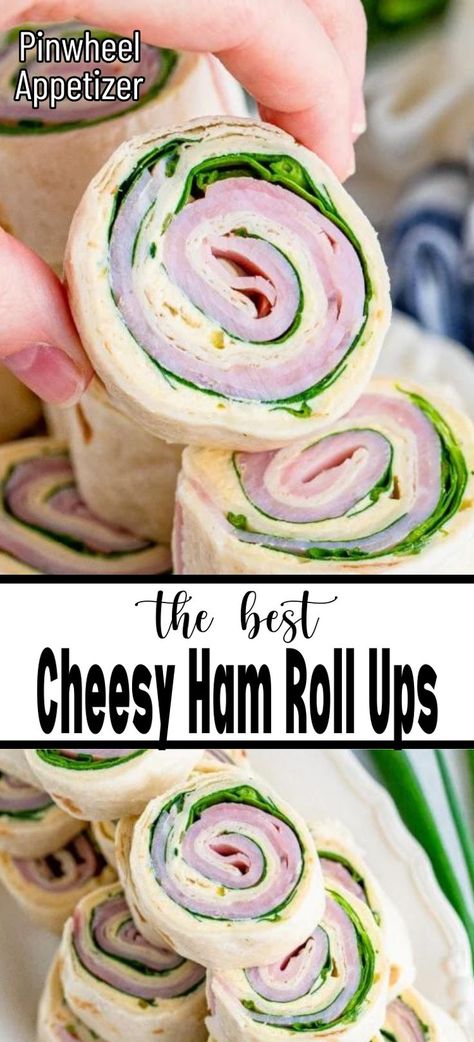 Close up of a cheesy ham roll up being held in the air on top of a pile on a plate. Ham And Cheese Tortilla, Tortilla Roll Ups Appetizers, Ham Appetizers, Appetizer Wraps, Ham Roll Ups, Cheese Roll Ups, Ham And Cheese Roll Ups, Ham Rolls, Ham Wraps