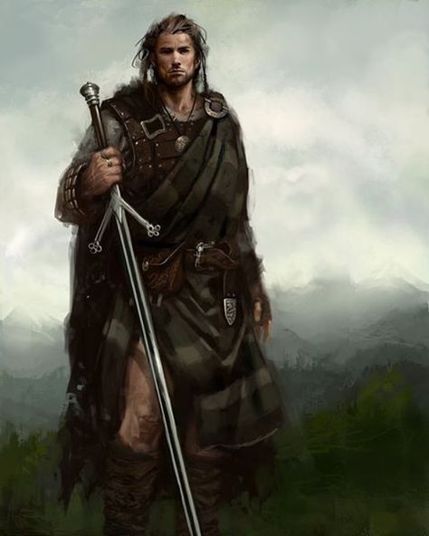 Fionn mac Cumhaill, also known as Finn McCool or Finn MacCool , was an Irish folk hero, who led the a band of hunter-warriors called the Fianna. Finn was the posthumous son of Cumhall, leader of the Fianna by Muirne. Cumhall abducted Muirne after her father refused him her hand, so Tadg appealed to the high king Conn, who outlawed Cumhall. The Battle of Cnucha was fought between Conn and Cumhall, and Cumhall was killed by Goll mac Morna, who took over leadership of the Fianna. Muirne was ... Highlands Warrior, Scottish Warrior, Celtic Warriors, Armadura Medieval, Roleplay Characters, Fantasy Armor, Arte Fantasy, Fantasy Warrior, Fantasy Rpg