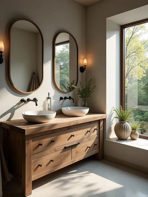 Chic bathroom with wooden double vanity, modern sinks, and picturesque window view Bowl Sink Double Vanity, Small Space Double Sink, Master Bath Vanity Ideas Double Vessel Sinks, Bathrooms With Two Sinks, Double Sink Bathroom Ideas Farmhouse, Ensuite Bathroom Ideas Double Sink, Vessel Sink Double Vanity, Wood Countertop Bathroom Vanity, Bathroom Remodel With Double Vanity