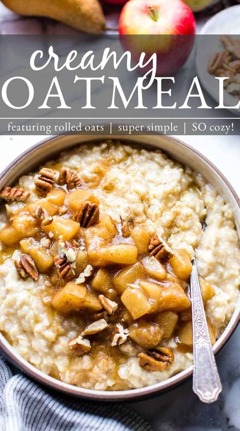 During the coldest months of the year, a steamy bowl of Creamy Oatmeal is the most comforting way to start the day. This creamy oatmeal recipe features old fashioned rolled oats and comes together in about 15 minutes, so it's ready to warm bellies in no time. Rolled Oats Recipe Breakfast, Rolled Oats Recipe, Oats Recipes Breakfast, Creamy Oatmeal, Healthy Oatmeal Recipes, Breakfast Oatmeal Recipes, Warm Breakfast, Oatmeal Recipe, Best Vegetarian Recipes