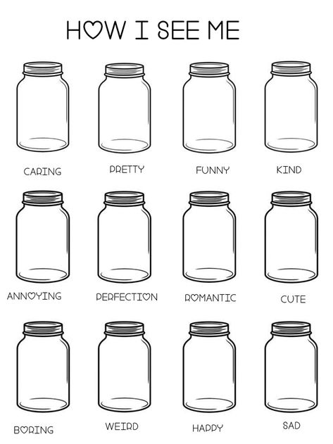 A template saying "how I feel about me" with jars that have various labels for you to fill in Jar Of Template, Jar Of Happiness Template, Fill The Jars Template, Lukisan Fesyen, Free Bingo Cards, Men Embroidery, Lukisan Comel, Organizator Grafic, About Me Template