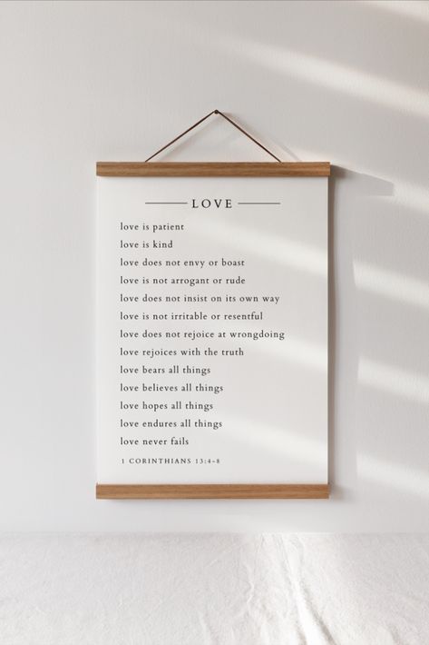 1 Corinthians 13:4-8, "LOVE" Sign with wooden hanging frame, Bible Verse Signs, Christian Home Decor Beautiful minimal Christian poster with magnetic banner wood hanger in medium oak color. This hanging poster would look beautiful in any room in the home, especially the living room, bedroom, kitchen or family room. Christian Home Design, Christian Interior Design, Christian Living Room Decor, Christian Apartment, Christian Bedroom Ideas, Christian House Decor, Christian Decor Ideas, Rustic Christian Decor, Couple Room Decor