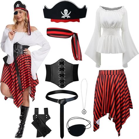 Amazon.com: Gumyawl 9 Pcs Women Pirate Costume Renaissance Shirt Medieval Dress with Compass Necklace Belt Scabbard Medieval Pirate Set (Large) : Clothing, Shoes & Jewelry Women Pirate Costume, Cruise Ship Party, Women Pirate, Bandana Skirt, Medieval Pirate, Corset Waist Belt, Skirt Corset, Medieval Necklace, Pirate Eye Patches