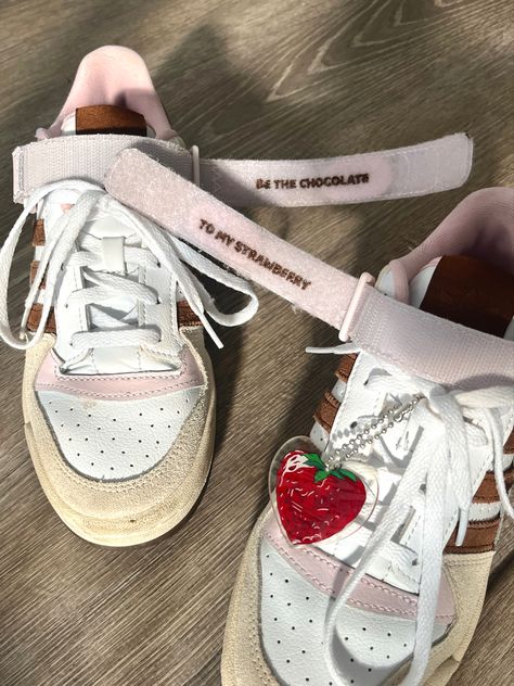 limited edition adidas forum sneakers in brown and pink with the strawberry charm Adidas Strawberry Shoes, Adidas Forum, Strawberry Charm, Image Swag, Pretty Shoes Sneakers, Funky Shoes, Fall Inspo, Pink Sneakers, Brown Outfit