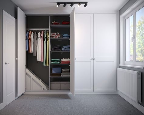 Over Stairs Bulkhead Storage Bedroom, Built In Wardrobe Over Stairs, Wardrobe Over Bulkhead, Over Stair Box Ideas, Closet Over Stair Bulkhead, Wardrobe Built Over Stair Bulkhead, Staircase Box In Bedroom, Desk Over Stair Bulkhead, Bulkhead Office Ideas