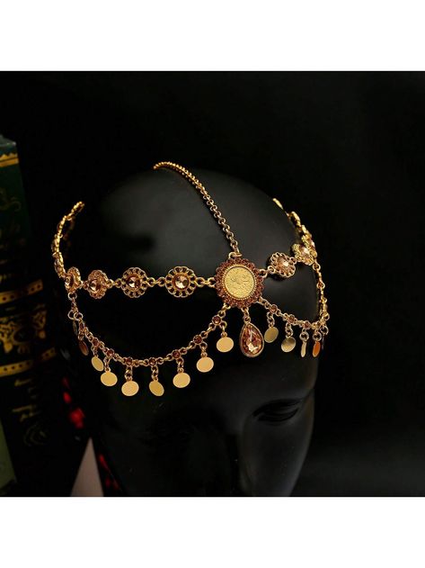 1pc Gold-Plated Women's Head Chain Turkish Arabic Totem Coin Bride's Headpiece Luxury Gift For Wedding Celebration, With Tassel Gold    Zinc Alloy     Women Fashion Jewelry, size features are:Bust: ,Length: ,Sleeve Length: Greek Accessories Jewelry, Middle Eastern Accessories, Gold Jewelry Arab, Arabian Accessories, Greek Moodboard, Arabic Gold Jewelry, Arab Gold, Fire Crown, Head Chains