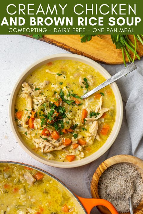 Crockpot Brown Rice, Chicken And Brown Rice Soup, Rice Soup Crockpot, Creamy Chicken And Rice Soup, Brown Rice Soup, Blt Chicken, Healthy Brown Rice, Fall Meals, Creamy Chicken And Rice