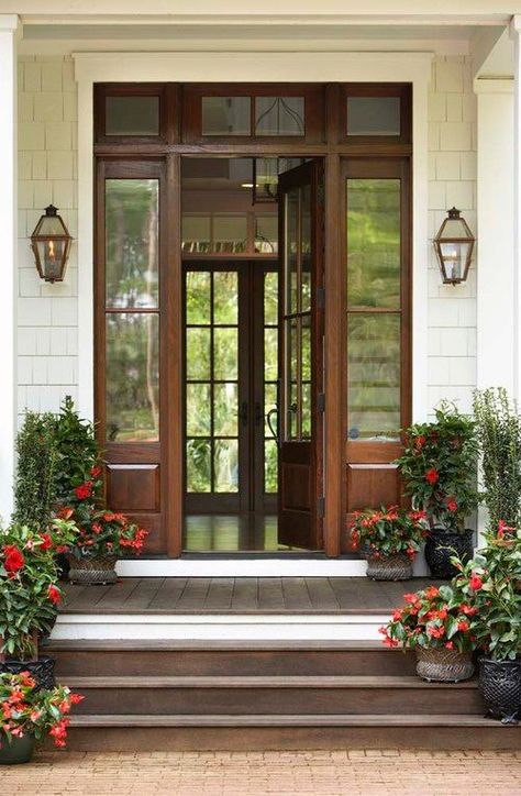 Windowed Wooden Door with Skylights at Front Entry Low Country Homes, Home Designs Exterior, Indian Interiors, Paris Home, Wood Front Doors, Exterior Front Doors, Cape Cod House, Transom Windows, Front Door Colors