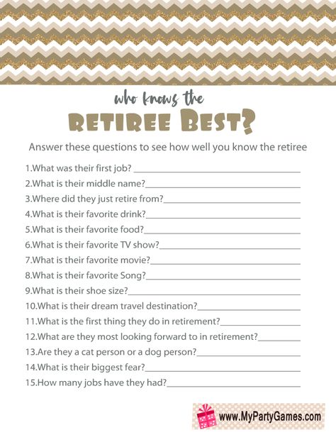 Free Retirement Printables, Retirement Games To Play, Coworker Games, Work Retirement Party Ideas, Retirement Party Games, Retirement Games, Moms 60th, Retirement Decorations, 60th Bday