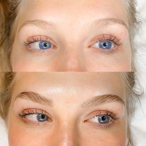 before and after eyebrow lamination on fair skin and blonde eyebrows Brown Eyebrows Blonde Hair, Blonde Eyebrow Makeup, Blonde Hair Eyebrows, What Is Brow Lamination, Eyebrow Feathering, Eyebrow Before And After, Eyebrow Lamination, Eyebrow Makeup Products, Best Eyebrow Makeup