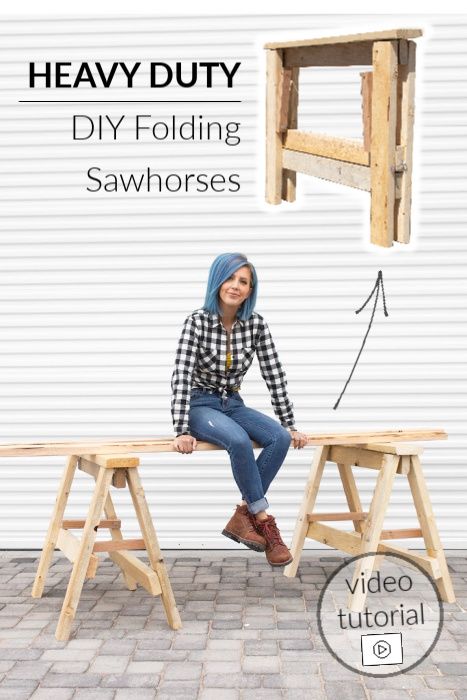 HEAVY DUTY DIY Folding Sawhorses | Video tutorial + Plans | Pneumatic Addict Bleaching Furniture, Sawhorse Plans, Saw Horse Diy, Folding Sawhorse, Saw Horse, Furniture Woodworking, Green Woodworking, Woodworking Plans Diy, Woodworking Projects That Sell