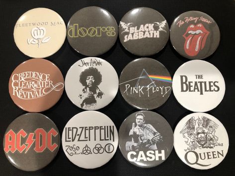 Calling all Classic Rock Lovers! Order these totally rockin' pins today! Includes 12 Classic Rock Bands in the set Sizes available are 2.28 inches or 1.5 inches Perfect for Classic Rock lovers! - - As always, thank you for supporting our small business! Button Pins Ideas, Alt Pins And Patches, Button Pins Aesthetic, Button Pins Aesthetic Grunge, Pin Button Design, Band Pins, Band Pins Buttons, Rock Band Patches, Band Patches