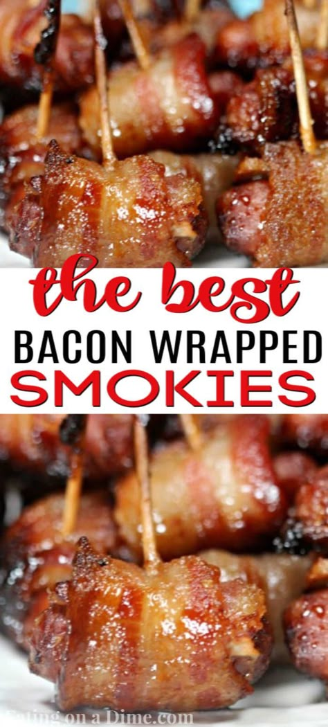 Everyone loves this really easy appetizer recipe. This quick and easy Bacon wrapped little smokies recipe with brown sugar is the best and the perfect football appetizer. This appetizer recipe is easy to make and is one of my favorite recipes!  #eatingonadime #appetizerrecipes #easyrecipes Bacon Wrapped Recipes, Healthy Football, Wrapped Smokies, Appetizers Crockpot, Little Smokies Recipes, Smokies Recipe, Bacon Wrapped Smokies, Little Smokies, Football Appetizers