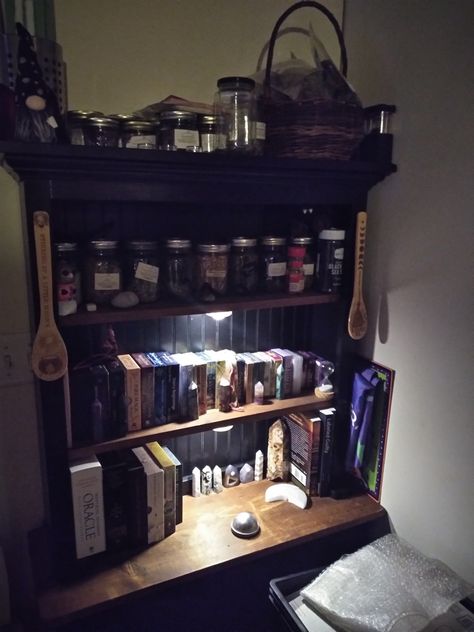 My shelf of herbs and tarot decks Tarot Deck Display Ideas, Tarot Display Ideas, Tarot Card Organization, Witch Herb Storage, Tarot Deck Storage, Tarot Organization, Tarot Room Decor, Tarot Deck Aesthetic, Lazy Witch