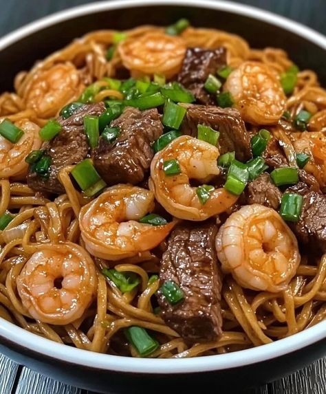 Steak & Shrimp Teriyaki Noodles | Homemade Recipes Teryaki Beef, Steak Noodles, Shrimp Teriyaki, Noodles Homemade, Teriyaki Noodles, Teriyaki Steak, Steak Shrimp, Teriyaki Shrimp, Beef Soup Recipes