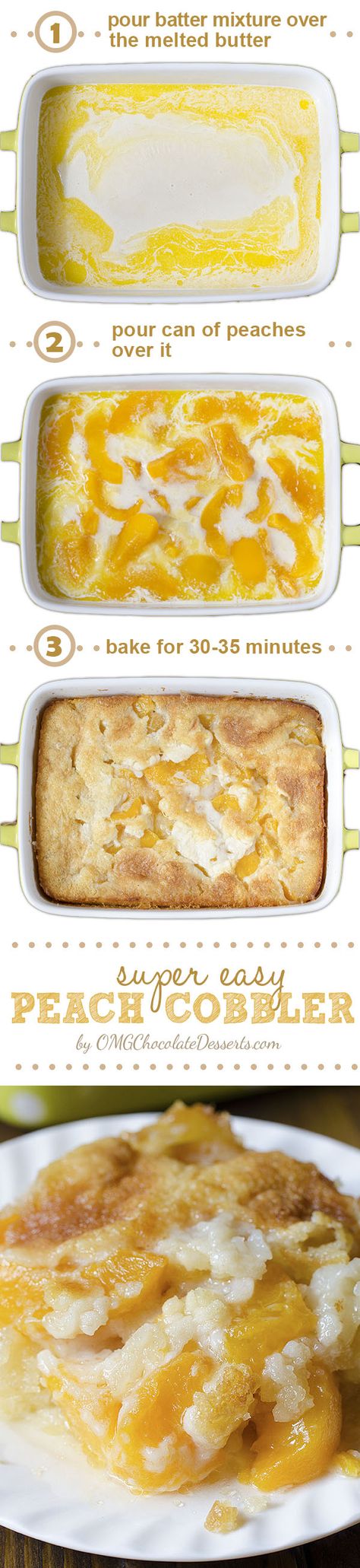 There are three reasons why this fantastic Peach Cobbler can become one of your favorite recipes – it’s super tasty, super simple and super economical. Easy Peach Cobbler Recipe, Cobbler Easy, Peach Cobbler Easy, Peach Desserts, Dessert Aux Fruits, Peach Cobbler Recipe, Cobbler Recipe, Canned Peaches, Peach Recipe