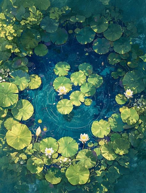 Lily Pad Wallpaper Iphone, Pond Landscape Drawing, Purple And Green Illustration, Lily Pad Color Palette, Lilypad Background, Dreamy Phone Wallpaper, Drawing Reference Photos Nature, Pond Landscaping Drawing, Pond Aesthetic Wallpaper