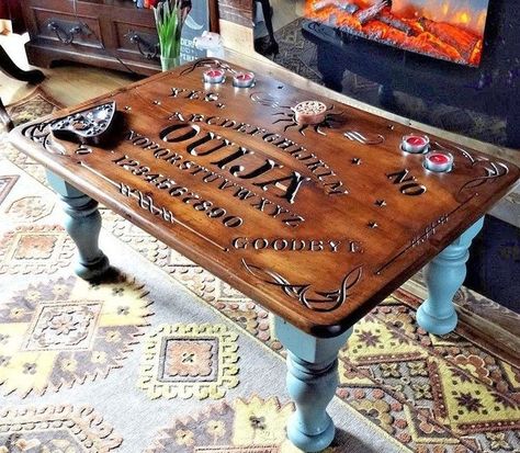 Ouija Board Coffee Table, Ouija Board Diy, Tea Lights Ideas, Ouija Board Table, Witch Furniture, Diy Ouija Board, Ouji Board, Ouija Table, Diy Coffee Candle