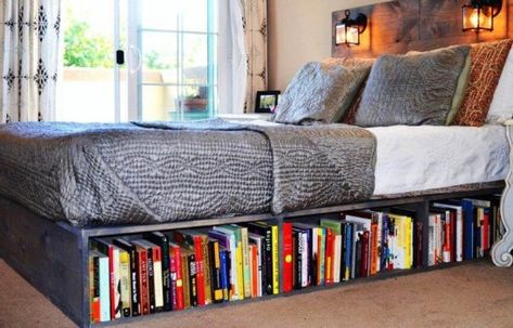 Diy Bookshelf Bed Frame, Bookshelf Bed Frame, Build A Bookshelf, Teen Storage, Pallet Deck Diy, Shoe Storage Small Space, Bookshelf Bed, Diy Storage Bench, Space Apartments