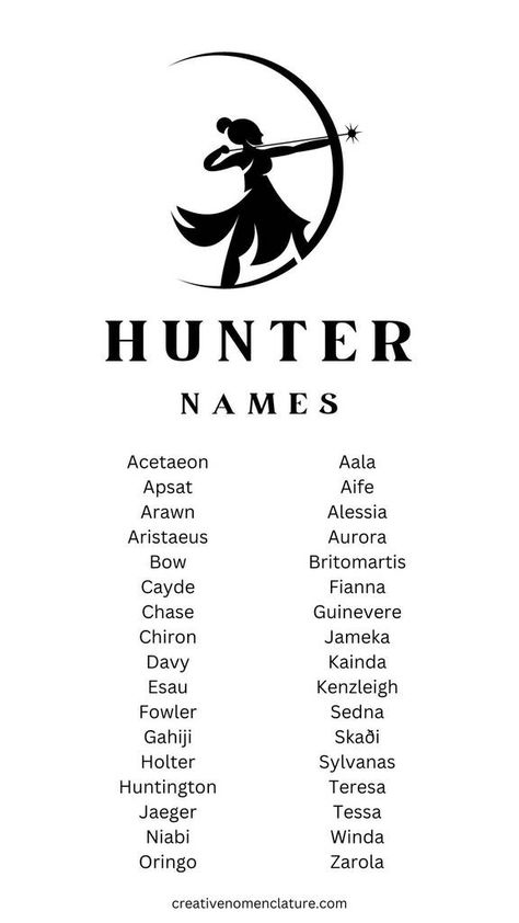 145 Names That Mean Hunter (Hunter Names) For Boys & Girls Names For Assassins, Book Character Last Names Ideas, Fantasy God Names, A Names Boys, Cool Names For Characters, Magical Names For Characters, Character Names With Meanings, Fantasy Kingdom Names Ideas, Fantasy Names With Meaning