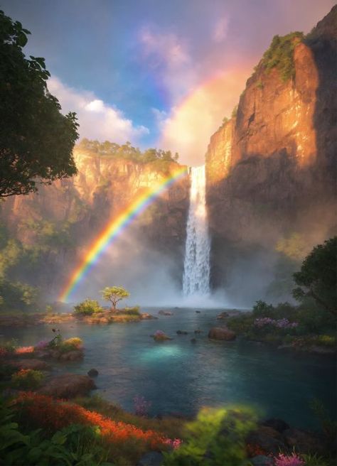 Waterfalls Aesthetic, Waterfall Rainbow, The Sky Painting, Rainbow Landscape, Rainbow Nature, Hd Landscape, Alevel Art, Rainbow Waterfall, Moon Rainbow