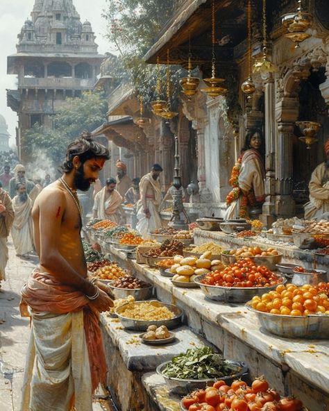 Indian Fantasy City, Ancient India Aesthetic, Indian Fantasy Art, Indian Village Aesthetic, Ancient Marketplace, Nye 2025, Greek Buildings, Village Market, Indian City