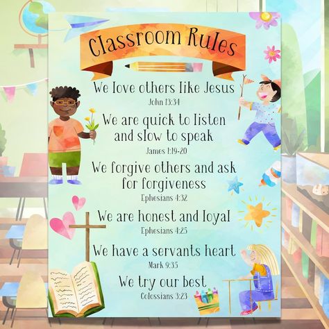 2nd Grade Christian Classroom, Private Christian School Classroom, Homeschool Classroom Rules, Bible Theme Classroom, Bible Study Classroom Decor, Christian Classroom Rules, Classroom Bible Verses, Sunday Classroom Decor, Bible Verses For Classroom