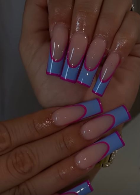 Pink And Blue Nails French Tip, Pink And Blue Acrylics, Pink And Blue French Tip Nails, 2000s French Tip, 2000s French Tip Nails, Canada Nails, Kiyomi Haunterly, Blue French Tip Nails, Blue French Tip