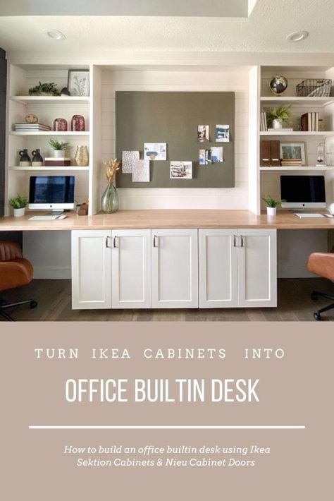 Ikea Business Office, Ikea Wall Of Cabinets, Base Cabinets Ikea, Home Office Rumpus Room, Ikea Cabinet Office Built In, Ikea Kitchen Cabinet Office Hack, Ikea Built In Desk Hack Living Room, Ikea Desk And Tv Unit, Home Office Cabinets Ikea