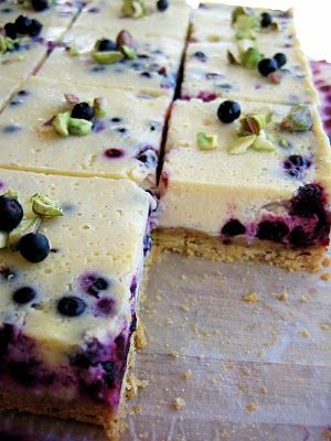 Huckleberry Chevre Cheesecake Squares: pistachio shortbread crust topped with goat cheese cheesecake and studded with wild huckleberries Huckleberry Desserts, Huckleberry Recipes, Pistachio Shortbread, Homesteading Recipes, Bojon Gourmet, Goat Milk Recipes, Goat Recipes, Cheesecake Squares, Gluten Free Crust