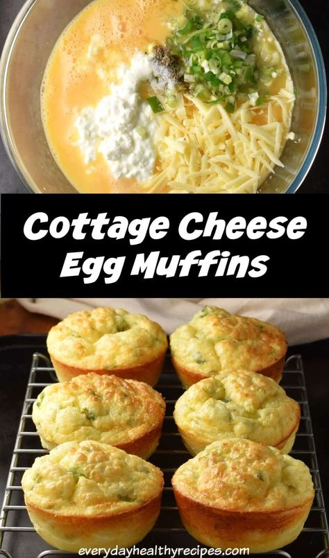 Top down view of cottage cheese egg muffin batter in bowl and side view of baked egg cottage cheese muffins. Egg Breakfast For A Crowd, Cottage Cheese Substitute, Cottage Cheese Meal Ideas, Bariatric Breakfast Recipes, Cottage Cheese Egg Muffins, Cottage Cheese Muffins, Cottage Cheese Recipes Healthy, Cottage Cheese Eggs, Cottage Cheese Snack