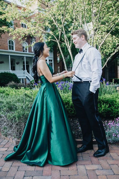 Emerald Green Homecoming Couple, Emerald Green Hoco Couple, Emerald Green Prom Couple, Green Prom Couple, Red Satin Prom Dress, Prom Dresses Under 100, Prom Dresses 2020, Prom Couples, Prom Dresses With Pockets